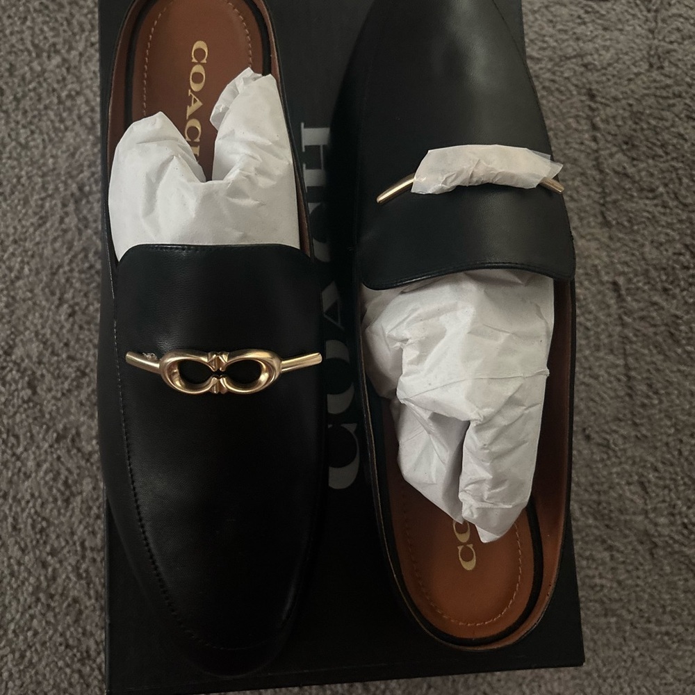 Coach Black Leather Loafers with Gold Accent